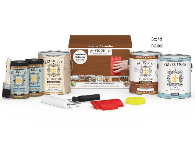 Retique It Wood'n Kit cedar interior top coat with four large wood finish bottles and application box, designed for multi-purpose wood finishing.