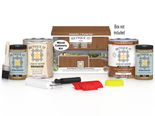 Retique It Wood'n Cabinet Kit with cedar grain finish, 48 door stains for wood cabinets, includes stain box and application tools.
