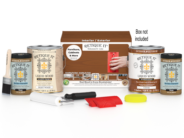 Multi-purpose Cedar Wood'n Finish Kit by Retique It with four large bottles and applicator tools for wood finishing projects.