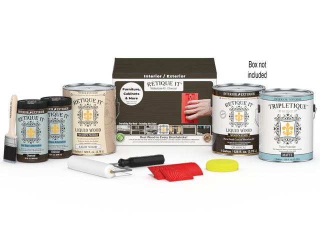 Retique It Wood'n Kit in charcoal, multi-purpose interior top coat kit with four large containers and applicator brushes for wood finishing.