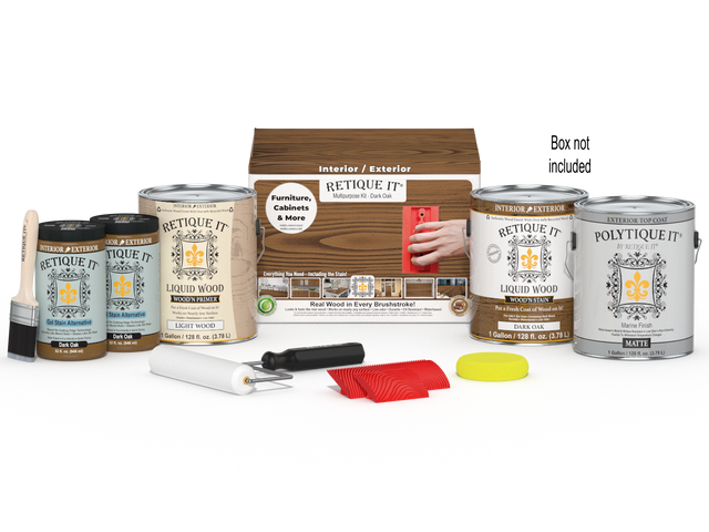 Retique It Wood'n Kit in Dark Oak with four large exterior top coat bottles and applicator box, for wood finishing projects.