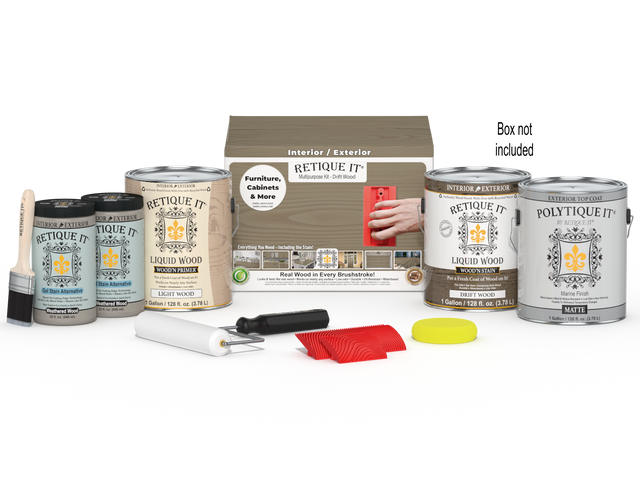 Retique It Wood'n Finish Kit with four large driftwood exterior top coat bottles and applicator tools in a box.
