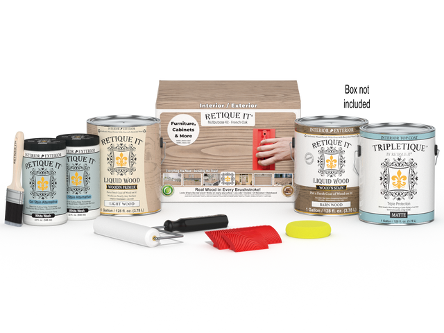 Retique It Wood'n Kit French Oak interior top coat with four large wood finish bottles and applicator tools in the box.