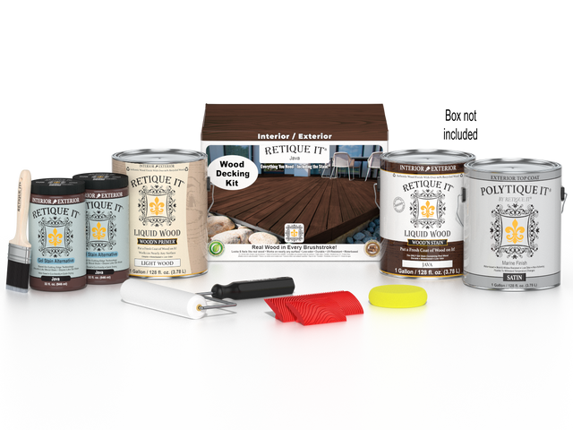 Retique It Decking Wood'n Kit in Java stain, featuring deck planks and tools for staining and sealing outdoor wood surfaces.