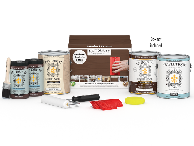 Retique It Wood'n Kit Java interior top coat with four large wood finish applicators and box for multi-purpose wood finishing.