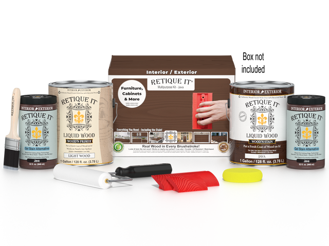 Four large Retique It Wood'n Finish Kits in Java color with a storage box, used for multi-purpose wood finishing projects.