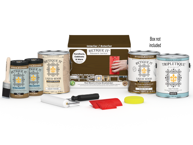 Retique It Wood'n Finish Kit in Dark Pecan with four large interior top coat bottles and applicator box, for wood finishing projects.