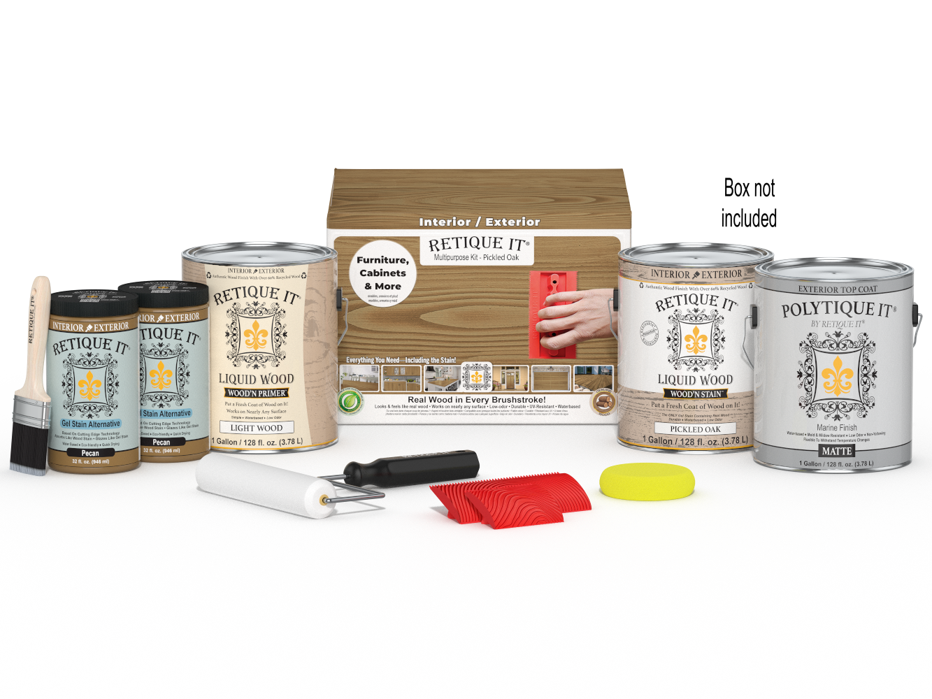 Retique It® Wood'n Finish Kit in Pickled Oak with four large exterior top coat bottles and applicator tools.