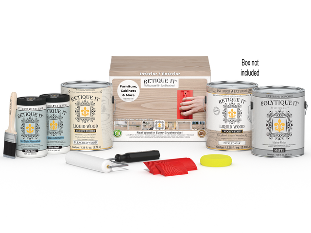 Retique It Wood'n Finish Kit, 4-piece large sun-bleached exterior top coat set with box for wood finishing projects.