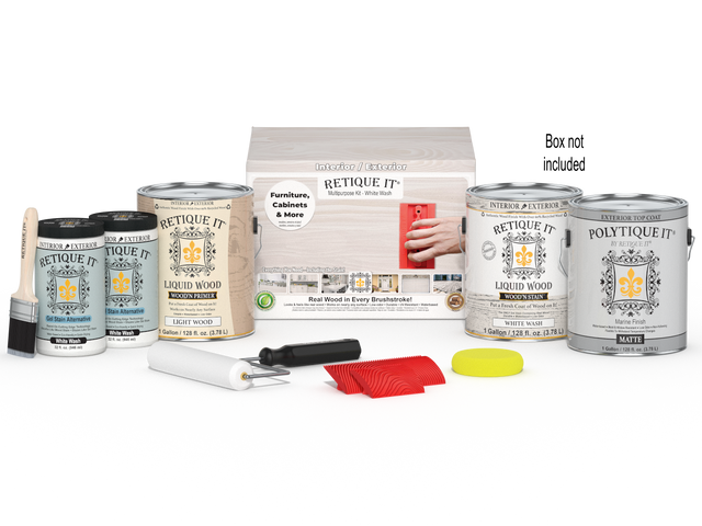 Retique It Wood'n Finish Kit in White Wash with four large exterior top coat bottles and applicator tray for wood finishing projects.