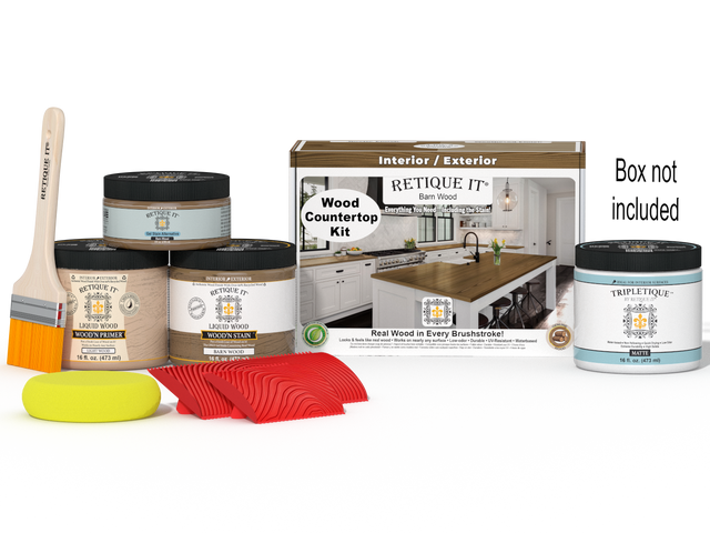 Retique It barn wood stain countertop kit for kitchen islands, featuring natural wood grain and finishing details.