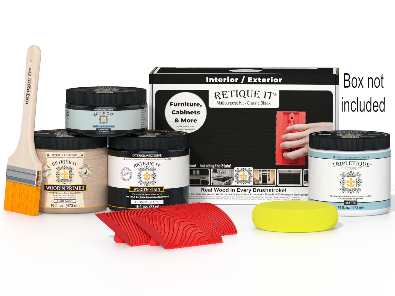 Retique It® Wood'n Finish Kit in classic black for interior wood projects, featuring multi-purpose top coat in a compact box.