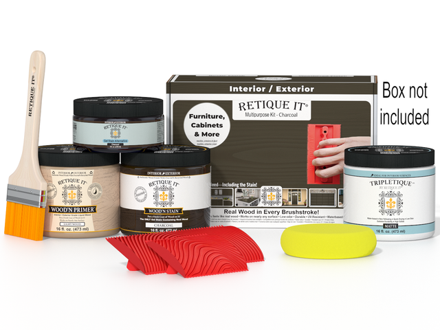 Retique It Wood'n Kit Med charcoal interior top coat in a box, includes wood finish supplies for multi-purpose interior projects.