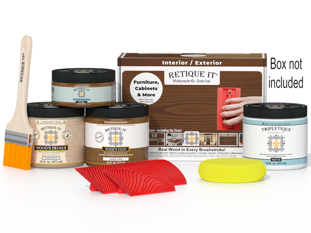 Dark oak interior top coat from Retique It’s Multi-purpose Wood'n Kit (Med) in a box for wood finishing projects.