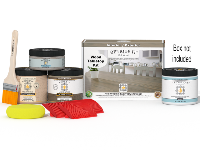 Retique It Wood'n Finish Kit Double Size in Drift Wood stain for tabletops, includes stain and finishing supplies.