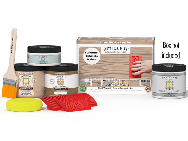Retique It Wood'n Finish Kit in French Oak for exterior projects, includes top coat and application tools in a multi-purpose kit.