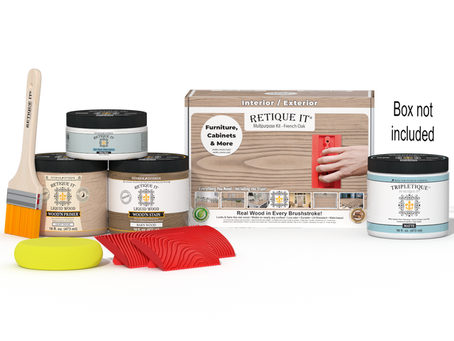 Retique It Wood'n Finish Kit in French Oak for interior top coat, includes wood stain and finishing supplies in the box.
