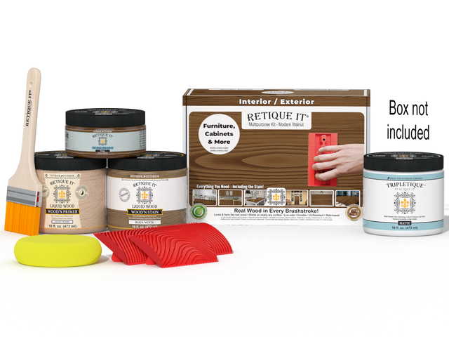 Retique It Multi-purpose Wood'n Kit in Modern Walnut with interior topcoat, includes applicator and finishing components in a box.