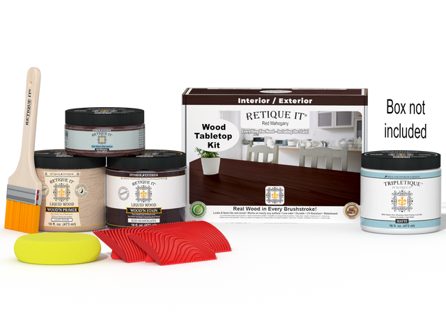 Retique It Wood'n Finish Kit in Double Size for tabletops, featuring red mahogany stain and application tools.