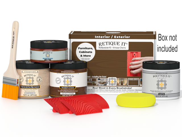 Retique It Wood'n Kit in Vintage Cherry for exterior wood finishing, includes top coat and application tools in a compact box.