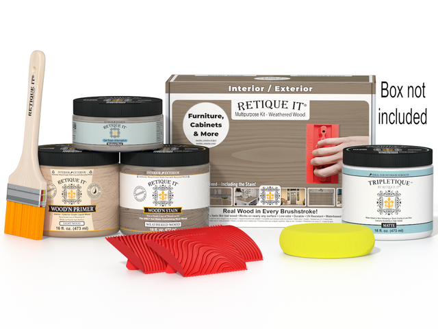 Retique It Multi-purpose Wood'n Kit in Weathered Wood finish, interior top coat with brushes and tools in box.