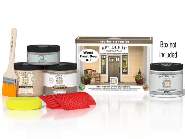 Retique It Wood'n Finish Front Door Kit in Weathered Wood stain, featuring natural wood grain and weathered finish for exterior doors.