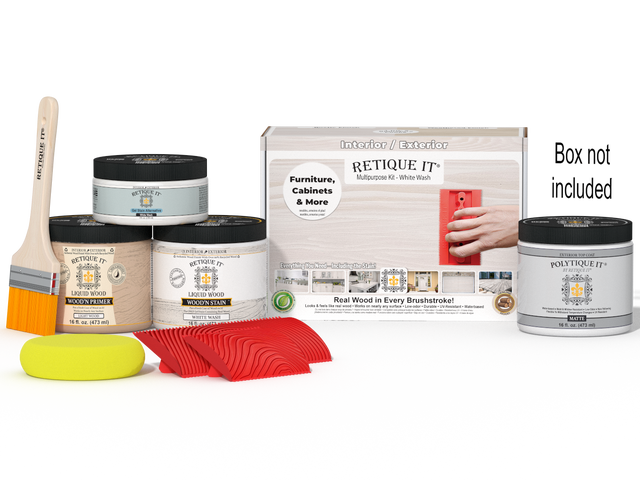 Multi-purpose Wood'n Kit in white wash finish with exterior top coat by Retique It, includes brushes and accessories.
