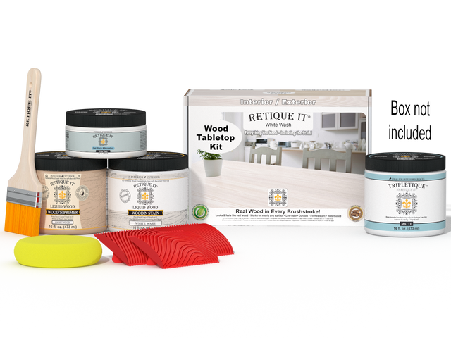 Retique It Wood'n Finish Kit Double Size in White Wash stain, showcasing the staining tools and sample wood surface.