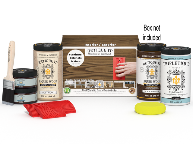 Large Black Walnut Wood'n Finish Kit by Retique It with interior top coat and multiple application tools in a box.