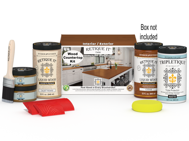 Retique It Cedar countertop kit featuring stains, includes tools and materials for full kitchen countertop remodeling.