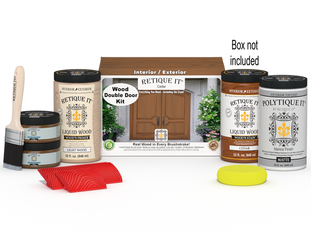 Retique It Wood'n Finish front door kit for double cedar doors, featuring stain options and hardware in the image.