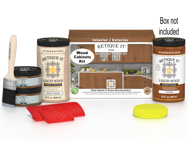 Retique It Wood'n Cabinet Kit with 12 cedar-grained doors, stain-ready wood cabinets for custom kitchen or furniture projects