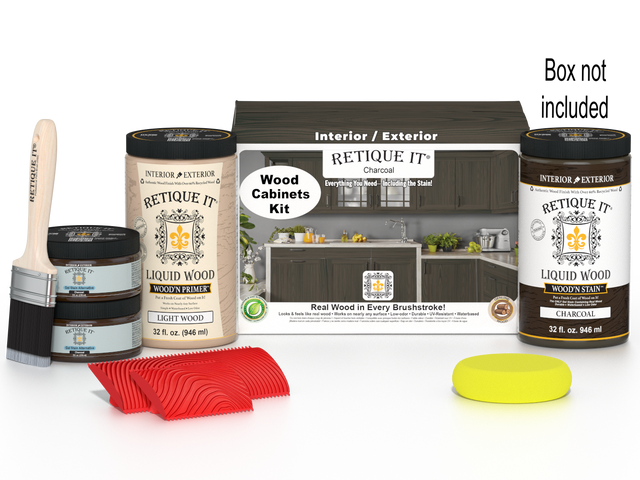 Retique It Wood'n Cabinet Kit with 12 charcoal stained grained cabinet doors and matching wood grain finish.