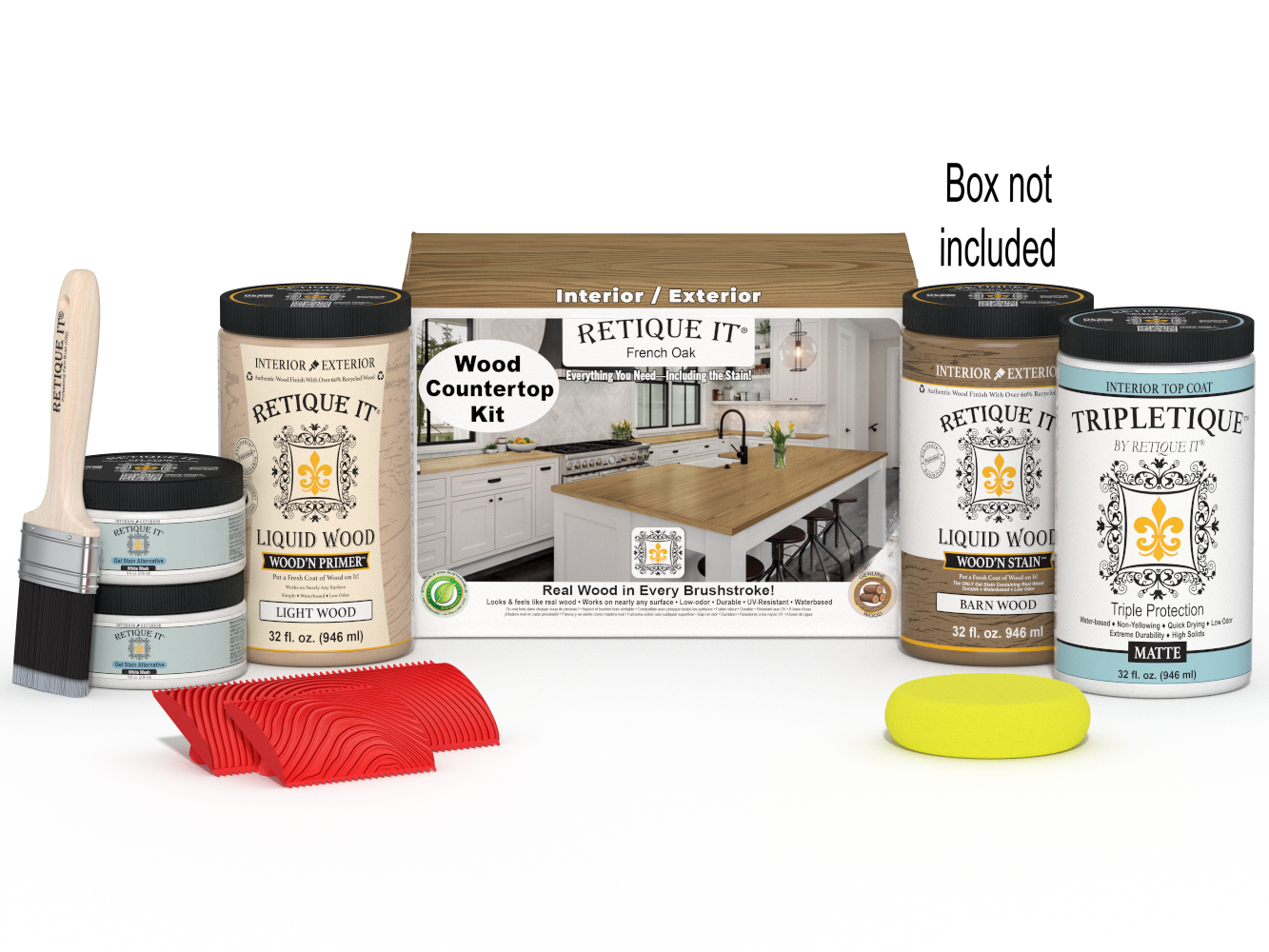 Retique It® French Oak countertop kit with stains, includes full kitchen setup, natural wood finish, and staining supplies.