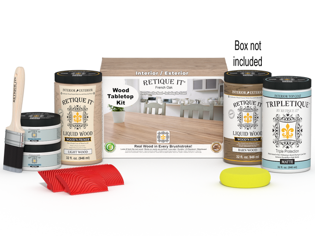 Retique It Wood'n Finish Kit French Oak stain for tabletops, includes four large bottles of wood stain in a natural finish.