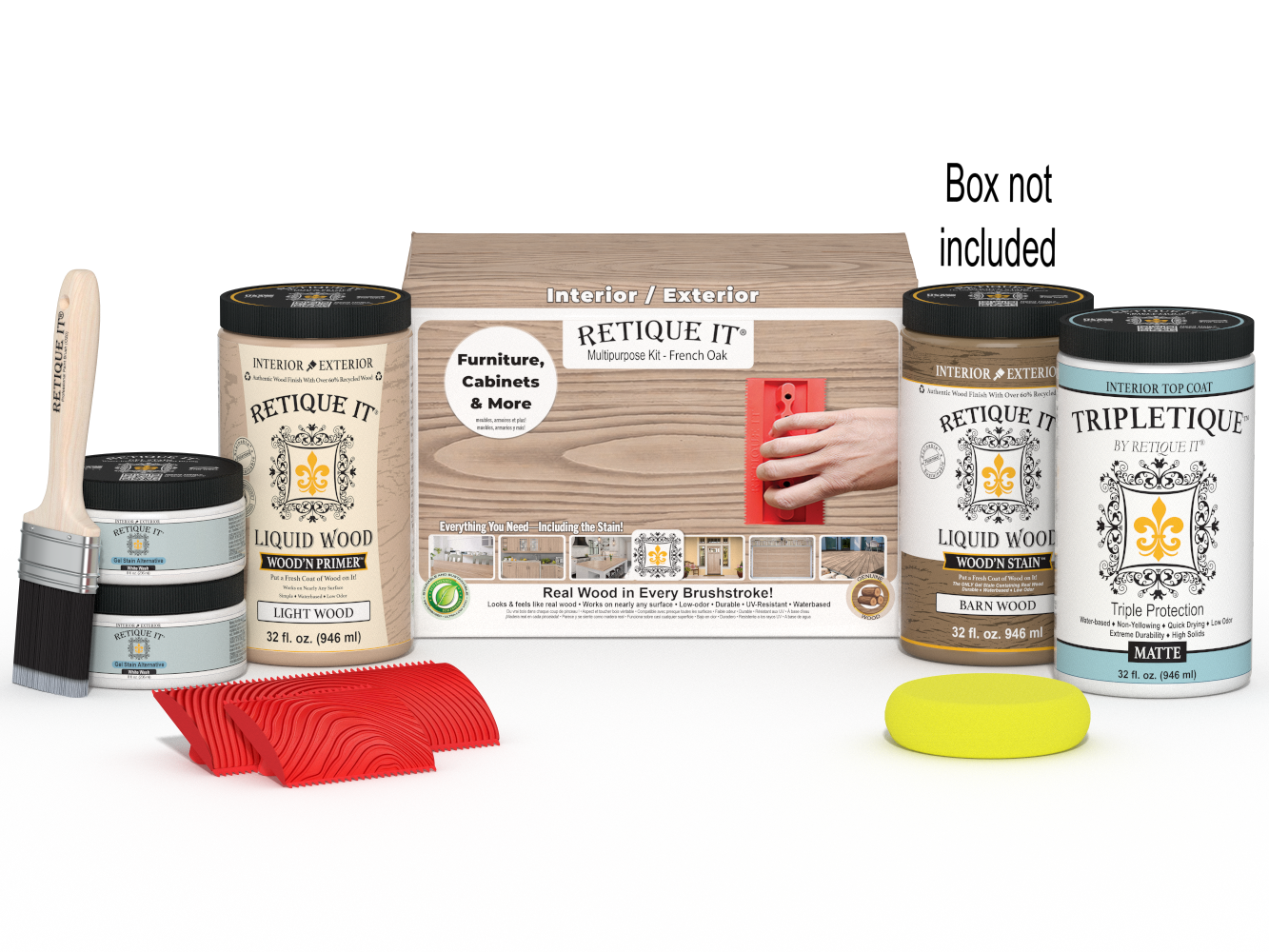 Retique It® French Oak countertop stain kit with stain bottles and application tools for full kitchen renovation.