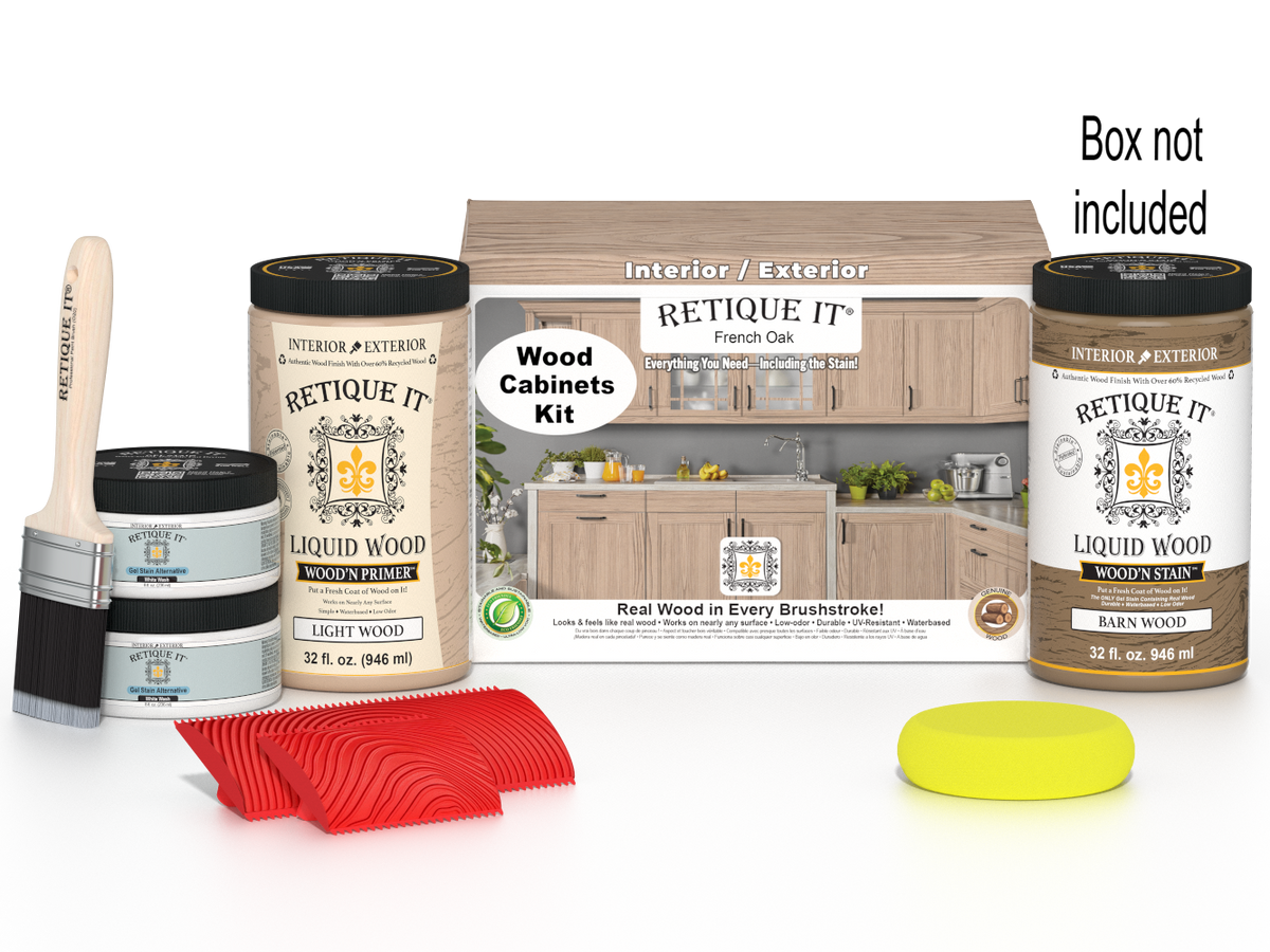 Retique It® Wood'n Cabinet Kit with 12 French Oak grained cabinet doors, wood stain for kitchen or bathroom cabinetry.