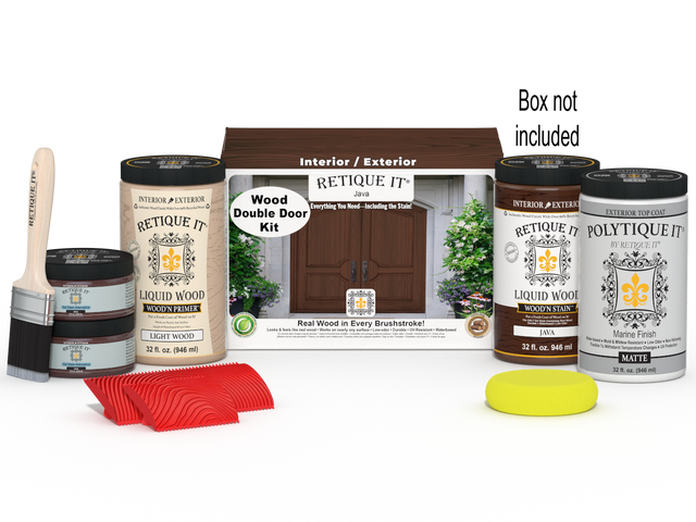 Double wooden front door kit in Java stain by Retique It, showing the stained door with hardware and packaging.