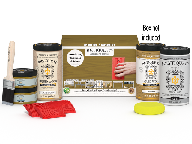 Large Old Oak Wood'n Finish Kit by Retique It with exterior top coat, including brushes and accessories in the box.