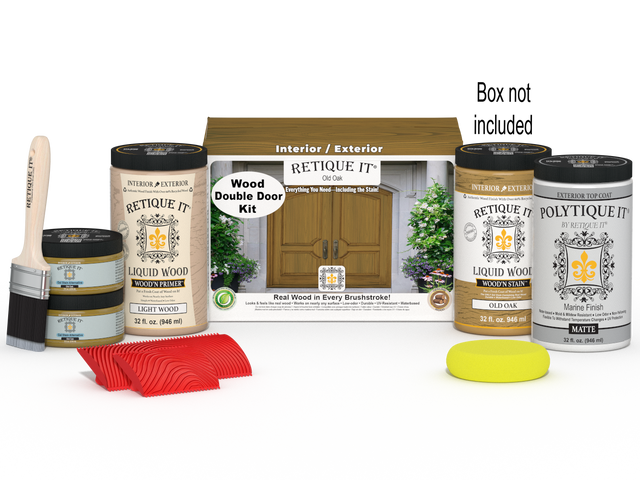 Retique It Wood'n Finish front door kit in Old Oak stain, double door with natural wood grain and stained finish.