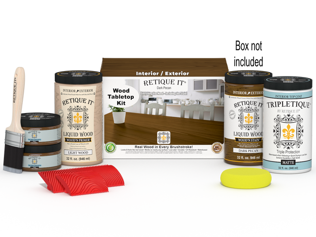 Retique It Wood'n Finish Kit large dark pecan stain set for tabletops with wood finish bottles and application tools.