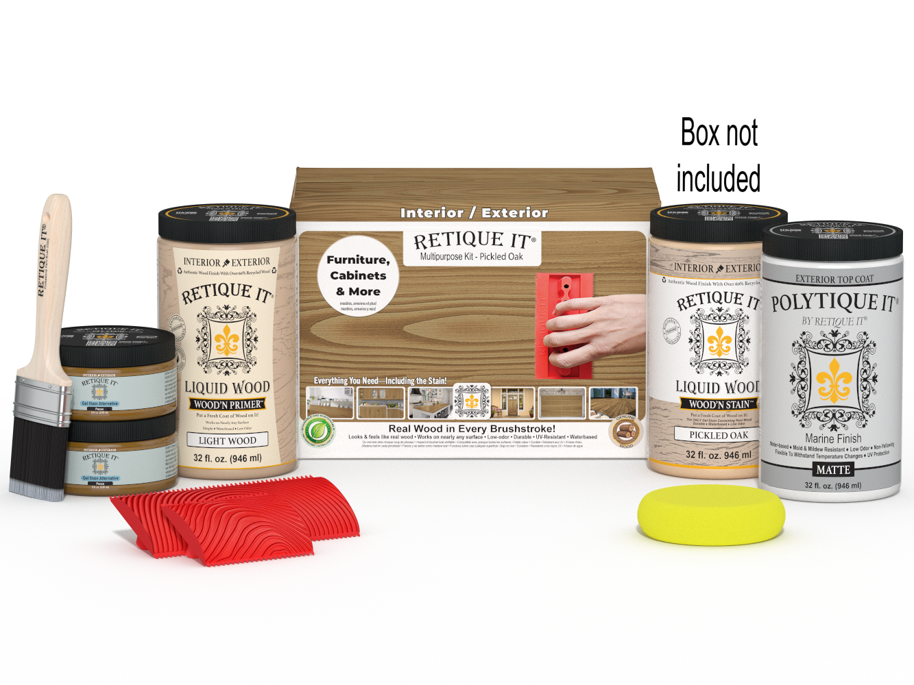 Large Wood'n Kit by Retique It® in Pickled Oak for exterior top coat, includes wood finish supplies and applicator tools.