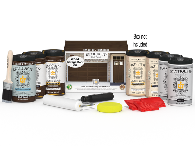Retique It Wood'n Door Kit in Black Walnut stain for front and garage doors, featuring natural wood finish and stain application.