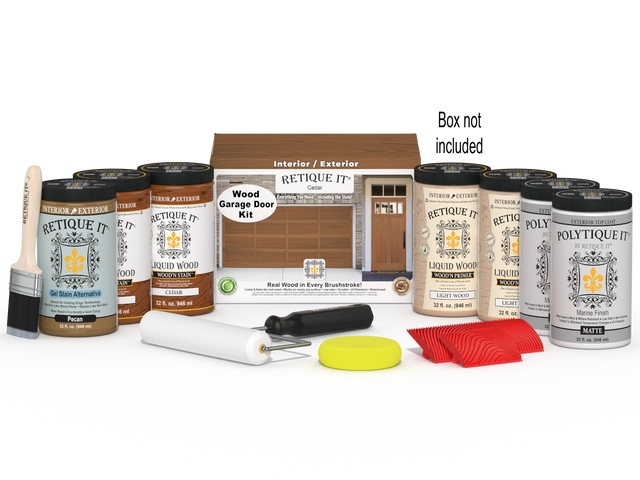 Retique It Wood'n Door Kit for front and garage doors in cedar stain, including stain and application tools.