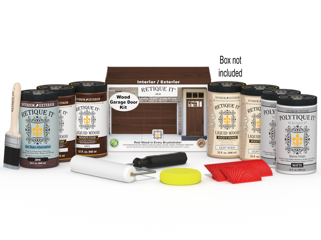 Retique It Wood'n Door Kit in Java stain for front and garage doors, includes stain and application tools, shown with packaging.