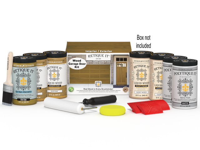 Retique It Wood'n Door Kit for front and garage doors in Old Oak stain, featuring natural wood grain and stain application.