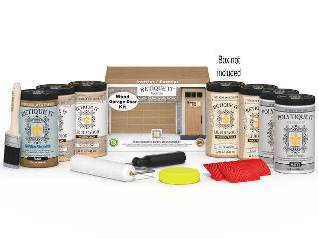 Retique It Wood'n Door Kit in Pickled Oak stain for front and garage doors, includes staining supplies and finish.