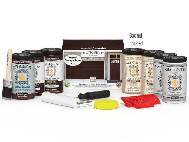 Retique It Wood'n Door Kit in Red Mahogany stain, designed for front and garage doors, featuring natural wood finish and stain application.