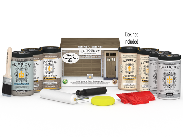 Retique It Wood'n Door Kit for front and garage doors in weathered wood stain, including stains and application tools.