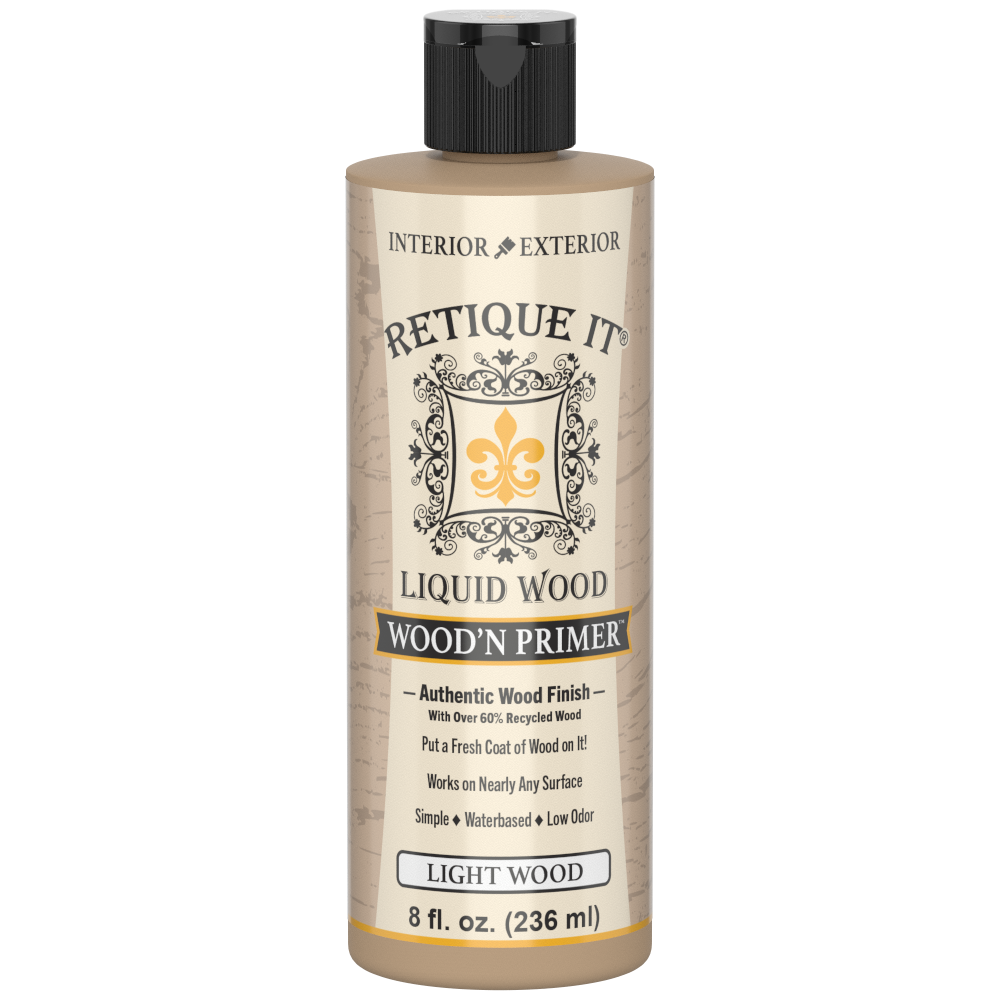 Retique It® Wood'n Primer for light wood surfaces, showing a can of primer with a light wood background and application brush.